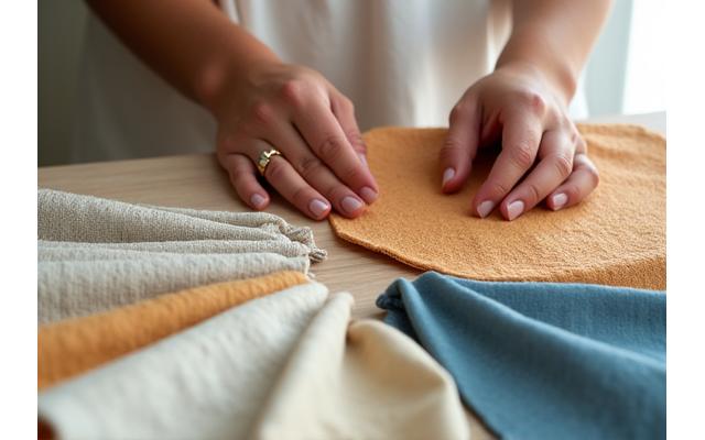 Close-up of hands examining sustainable, textured fabrics for beach gear, with natural light filtering in.