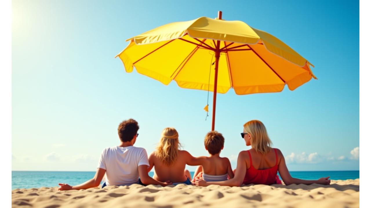 Family enjoying shade under a large, colorful beach umbrella on a sunny beach