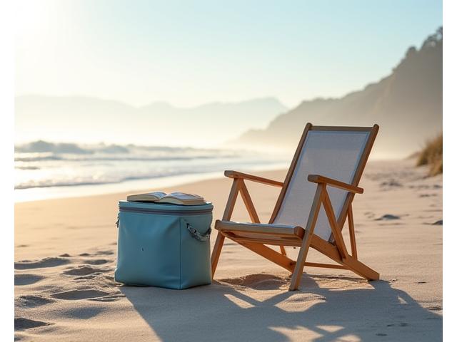 A compact 12-can soft cooler bag resting next to a single beach chair and a book.