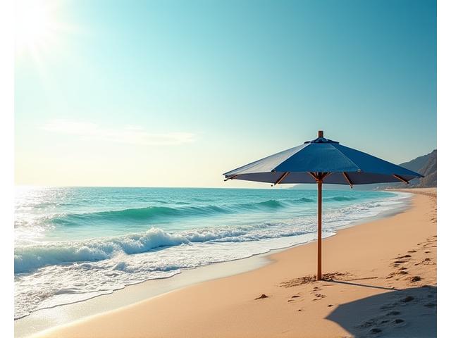 A clear ocean wave breaking gently on a sandy beach, with a sustainable beach umbrella unfurled in the foreground, signifying protection and peace.