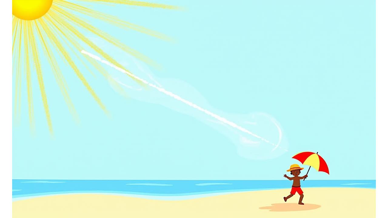 Illustration of sun rays being blocked by an umbrella and sun hat over a child playing, depicting UV protection effectiveness.