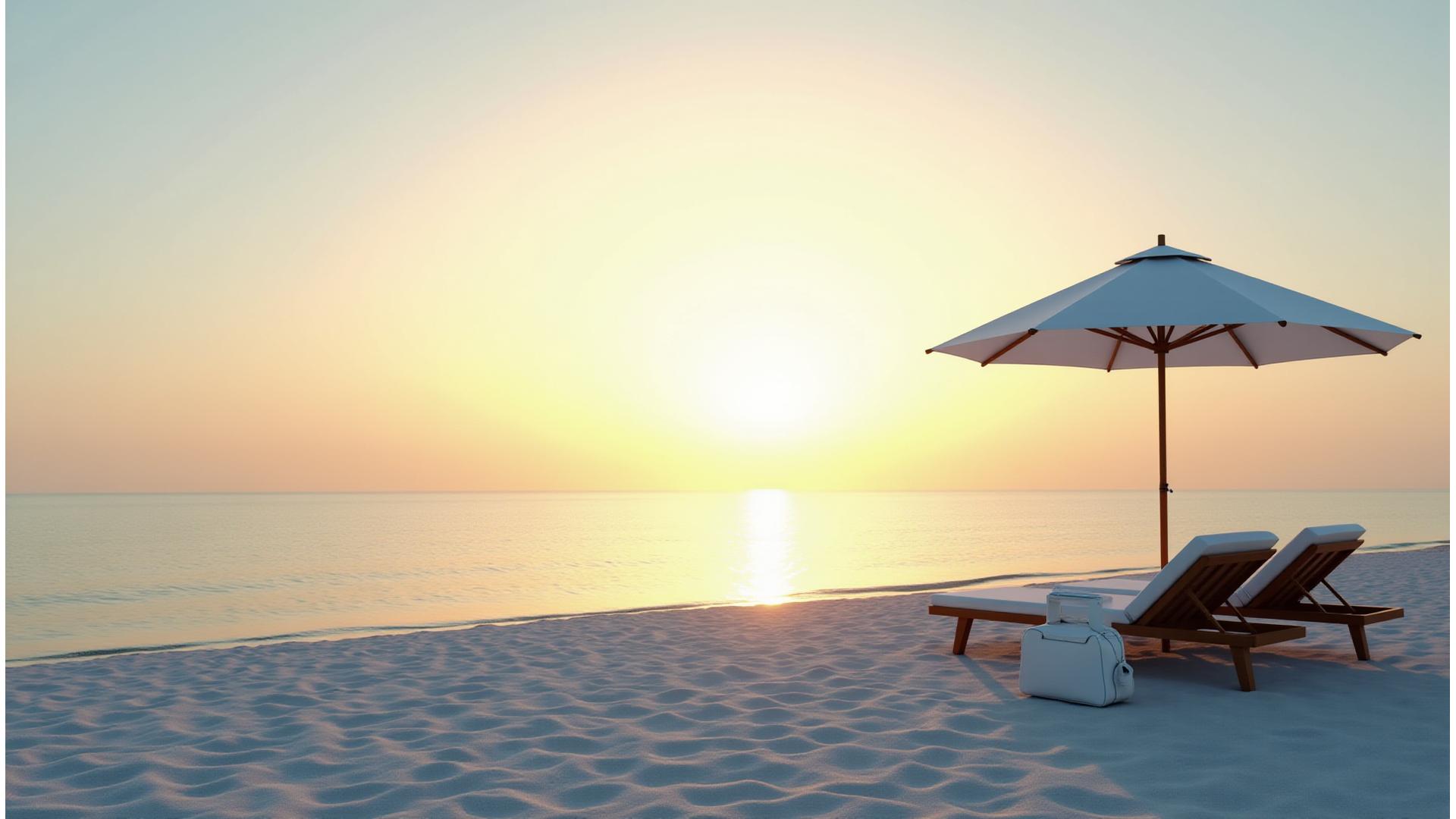 Elegant coastal luxury scene with premium beach gear and sparkling ocean